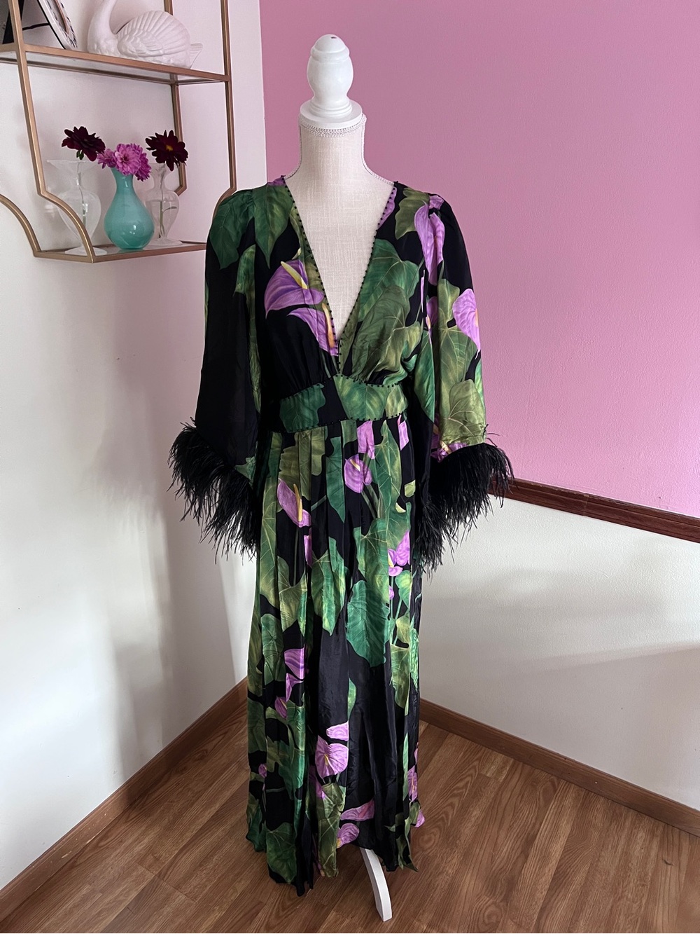 Black Anthurium Kaftan with Feather Detail from Farm Rio - Picture 2 of 10